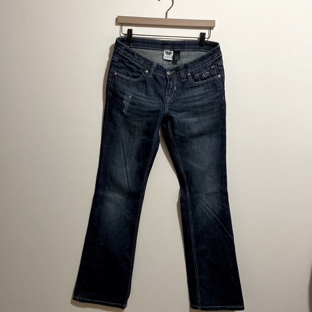 Harley Davison size 6 Denim jeans w/ pink embroidery and crystal studs